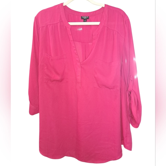 #063 Torrid 3 Harper Pink Georgette 3/4 Sleeve Blouse - Picture 3 of 4